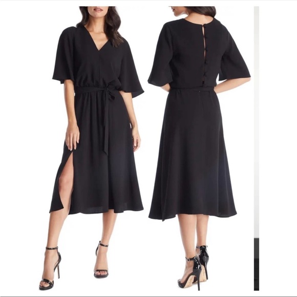 Dress The Population Lydia Dress Black Flutter Sleeve Midi Slit - Picture 2 of 12